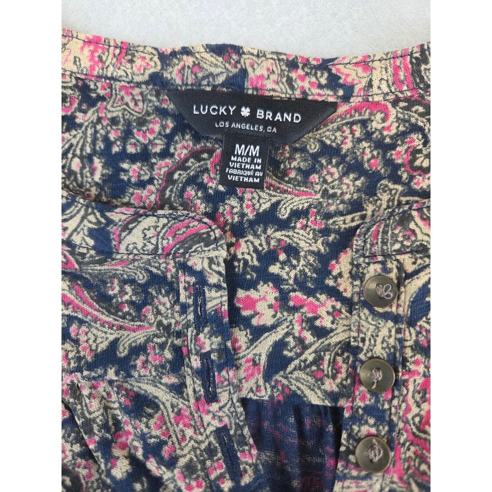 Lucky Brand Paisley Henley Blouse‎ Cotton Modal Size Medium Bohemian Pink Navy - Picture 3 of 11